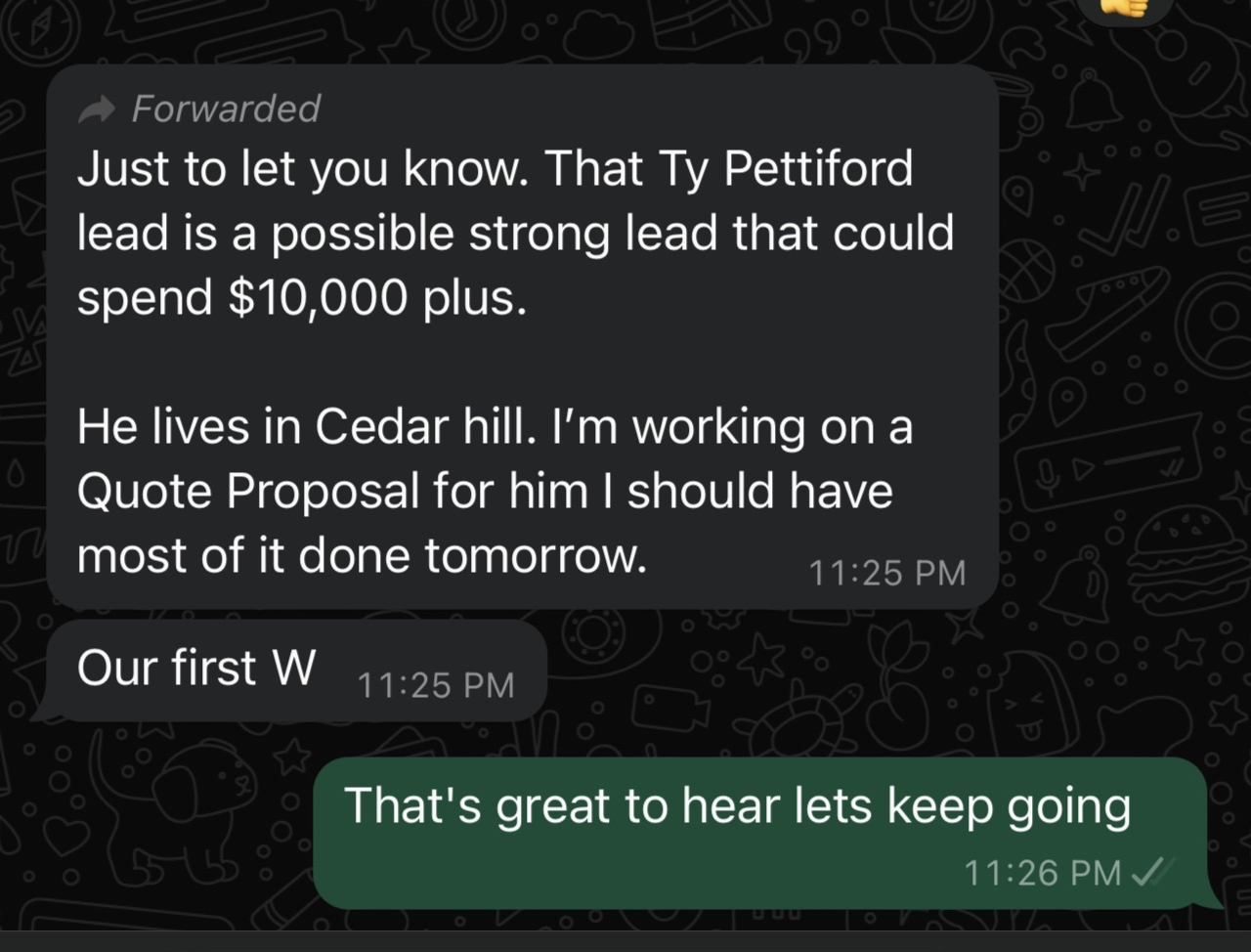 Text conversation showing $10,000+ lead generation success