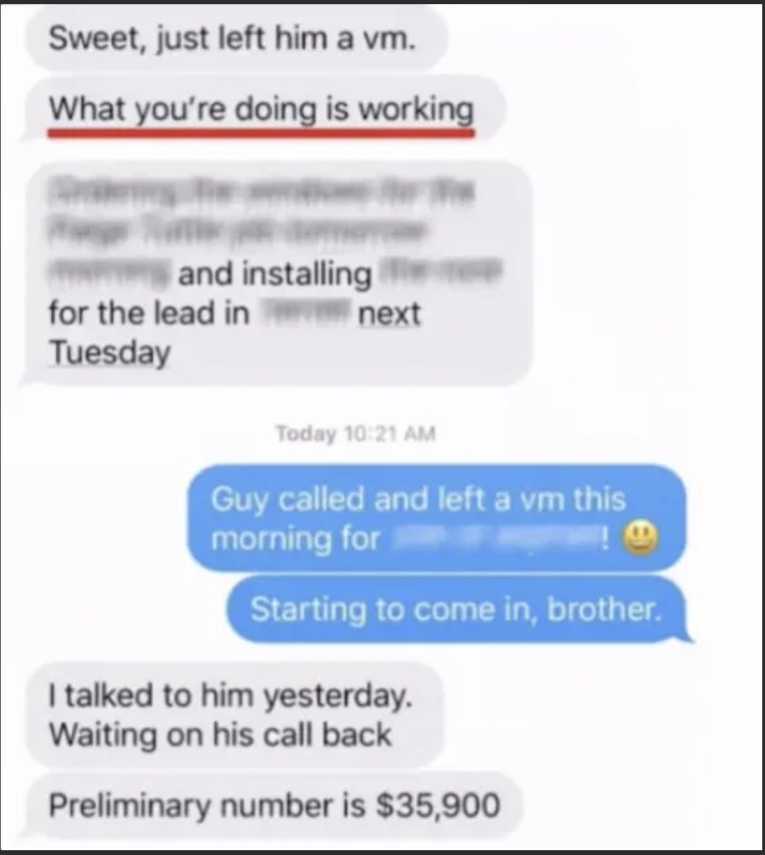 Text conversation showing $35,900 preliminary estimate