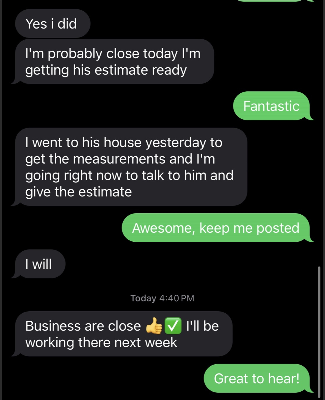 Text conversation showing successful business closure